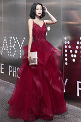 Wine Red Lace Applique V-Neckline Long Straps Formal Dress, Dark Red Prom Dresses