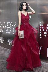 Wine Red Lace Applique V-Neckline Long Straps Formal Dress, Dark Red Prom Dresses