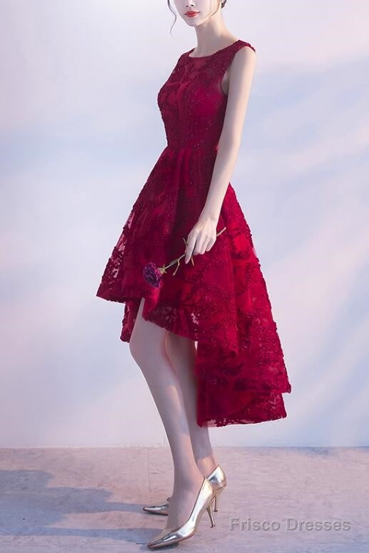 Wine Red Lace High Low Charming Formal Dress, Junior Party Dress, Cute Prom Dress