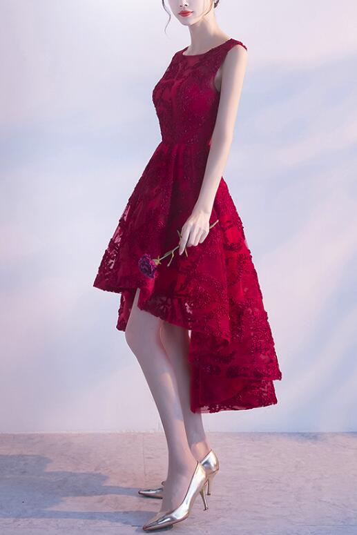 Wine Red Lace High Low Charming Formal Dress, Junior Party Dress, Cute Prom Dress