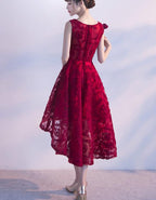 Wine Red Lace High Low Charming Formal Dress, Junior Party Dress, Cute Prom Dress