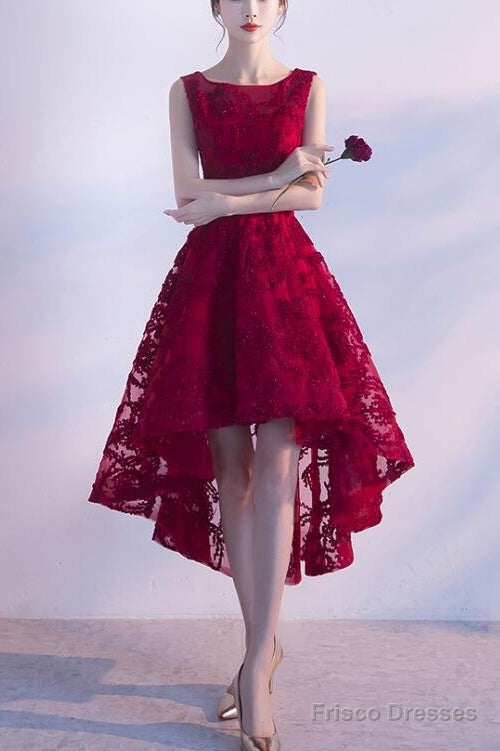 Wine Red Lace High Low Charming Formal Dress, Junior Party Dress, Cute Prom Dress Main image