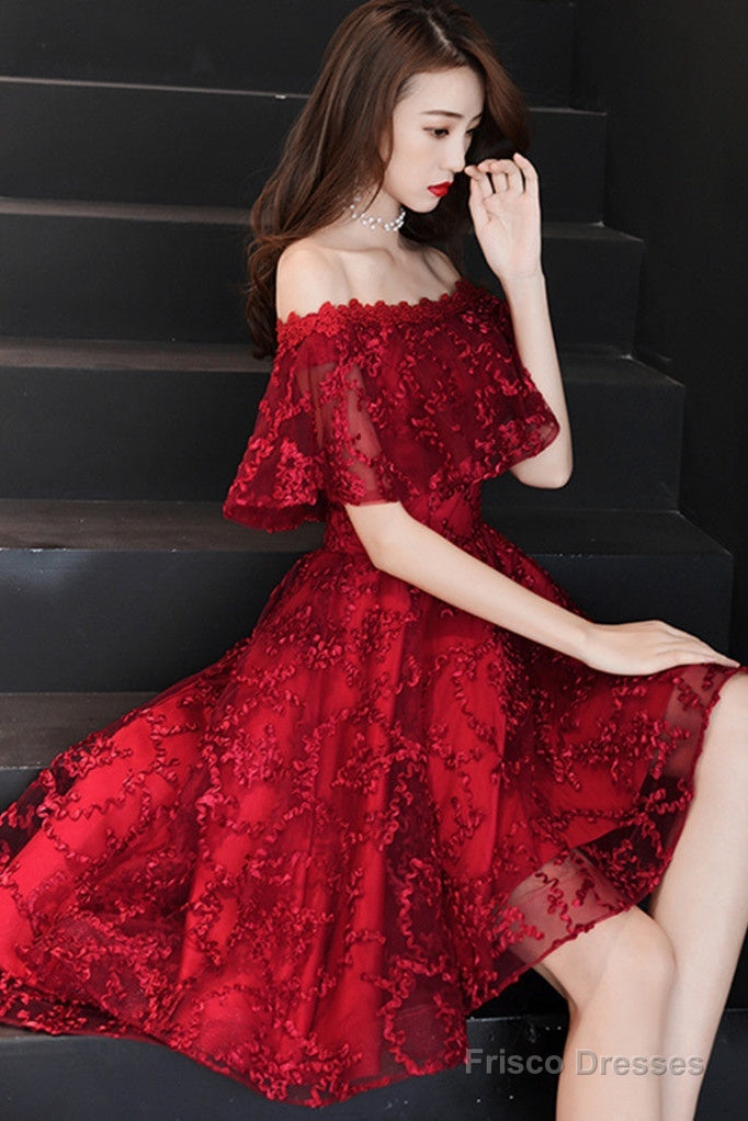Wine Red Lace High Low Off Shoulder Party Dress, Dark Red Homecoming Dress Main image