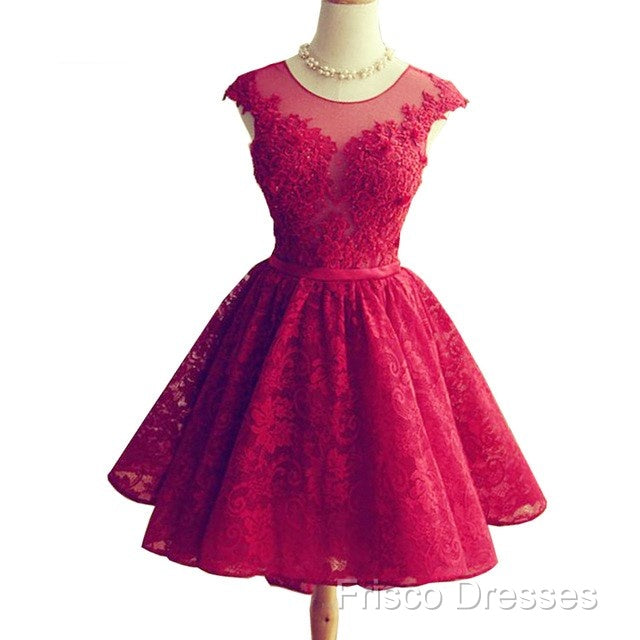 Wine Red Lace Knee Length Round Neckline Party Dress, Cute Homecoming Dress Secondary image