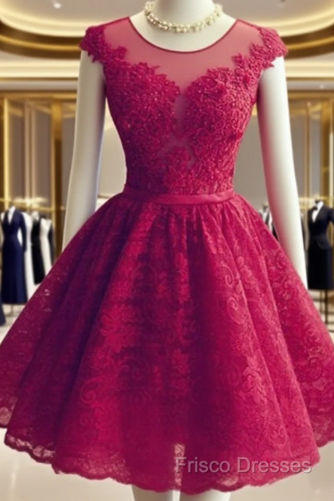 Wine Red Lace Knee Length Round Neckline Party Dress, Cute Homecoming Dress Main image
