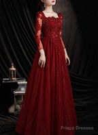 Wine Red Lace Long Sleeves Low Back Tulle Prom Dress, Wine Red Beaded Party Dress