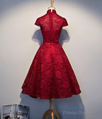 Wine Red Lace Tea Length Wedding Party Dresses, Beautiful Lace Formal Dresses