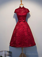 Wine Red Lace Tea Length Wedding Party Dresses, Beautiful Lace Formal Dresses