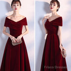 Wine Red Long Party Dress Velvet Evening Dress, A-Line Off Shoulder Prom Dress