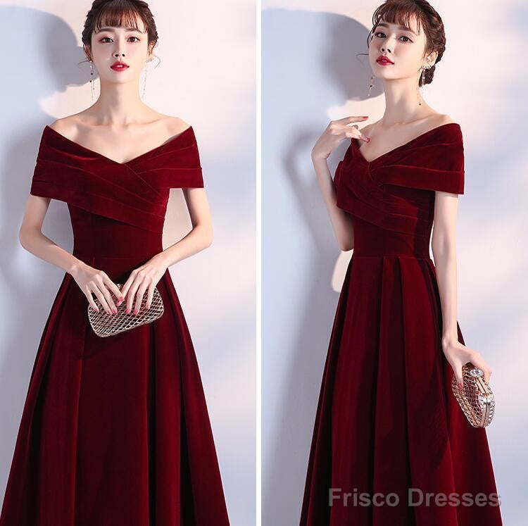 Wine Red Long Party Dress Velvet Evening Dress, A-Line Off Shoulder Prom Dress