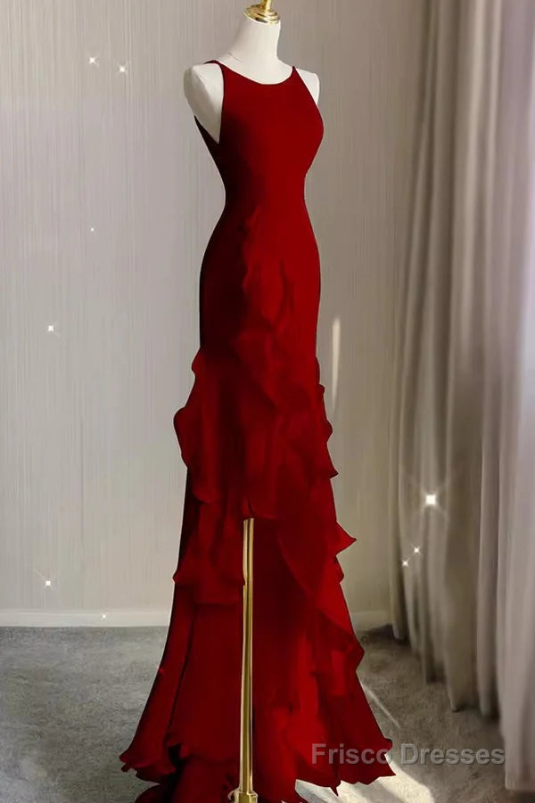 Wine Red Long Round Neckline Low Back, Wine Red Evening Dress Prom Dress Secondary image