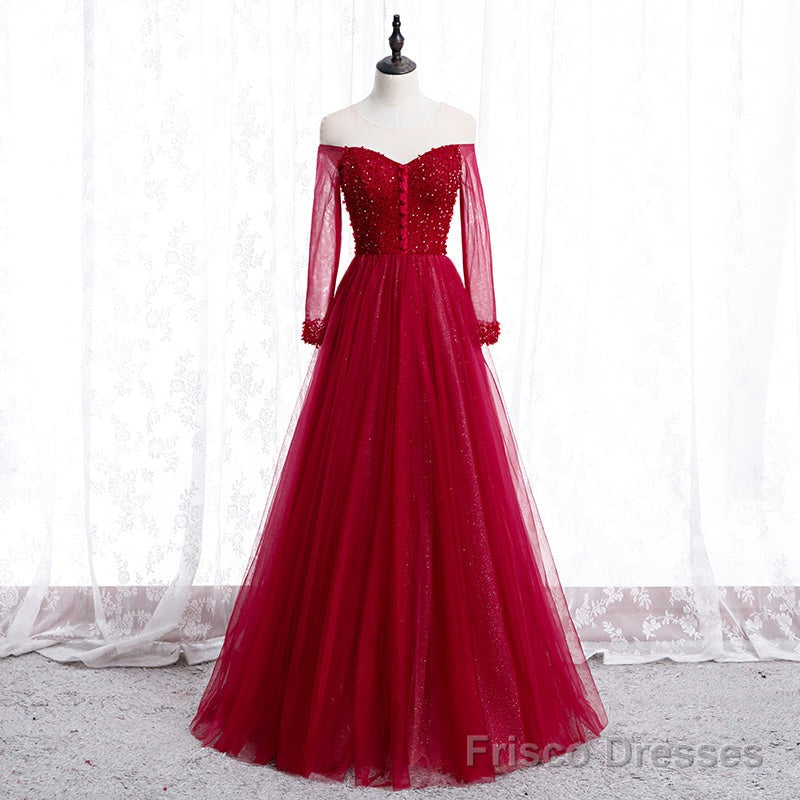 Wine Red Long Sleeves Beaded Tulle Evening Gown, A-line Wine Red Long Prom Dress