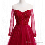 Wine Red Long Sleeves Beaded Tulle Evening Gown, A-line Wine Red Long Prom Dress