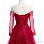 Wine Red Long Sleeves Beaded Tulle Evening Gown, A-line Wine Red Long Prom Dress
