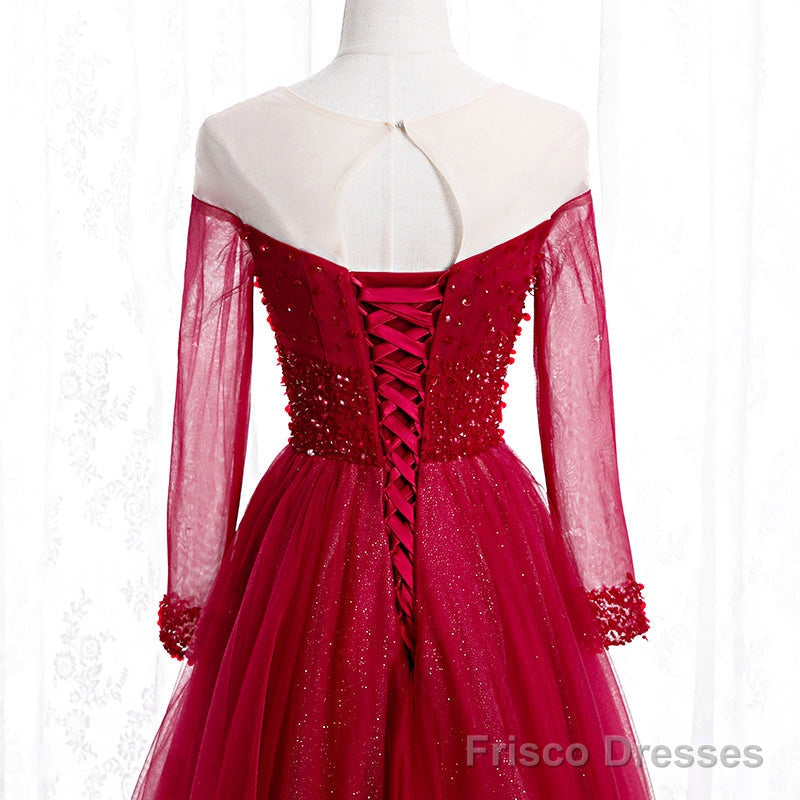 Wine Red Long Sleeves Beaded Tulle Evening Gown, A-line Wine Red Long Prom Dress