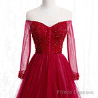 Wine Red Long Sleeves Beaded Tulle Evening Gown A-line Wine Red Long Prom Dress prom dresses shops
