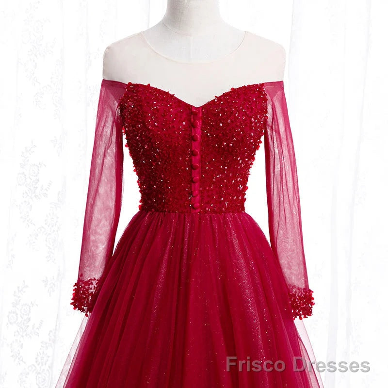 Wine Red Long Sleeves Beaded Tulle Evening Gown A-line Wine Red Long Prom Dress prom dresses shops