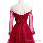 Wine Red Long Sleeves Beaded Tulle Evening Gown A-line Wine Red Long Prom Dress prom dresses shops
