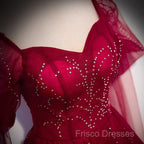 Wine Red Long Sleeves Tulle Formal Gown Formal Prom Dress, Dark Red Beaded Party Dress