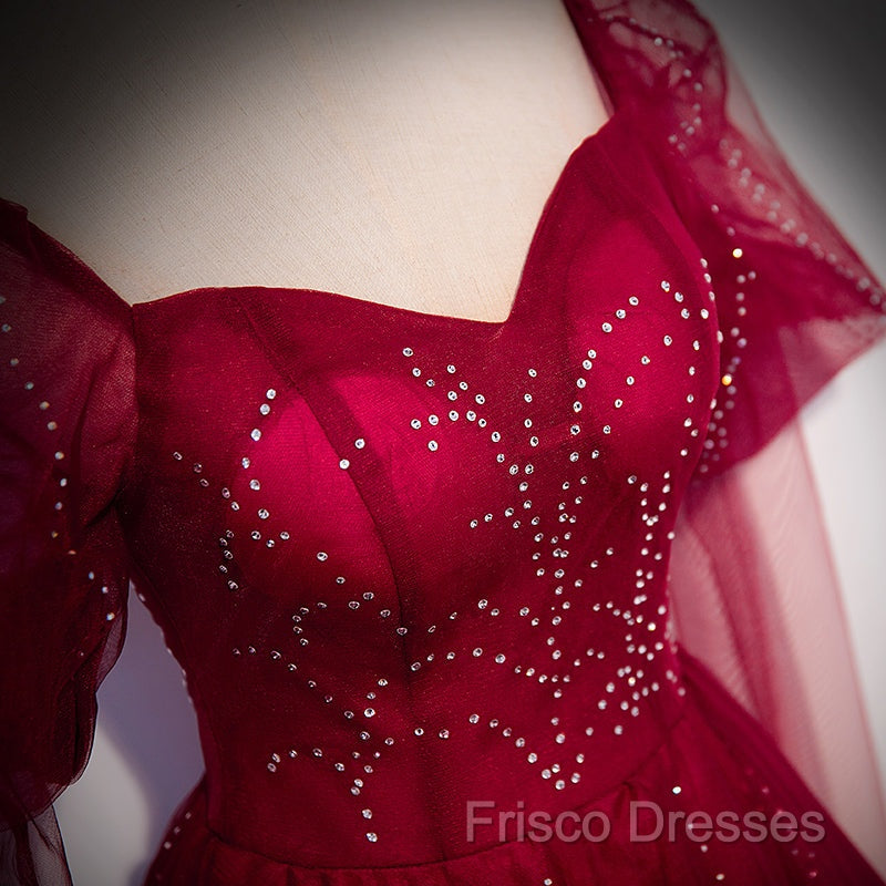 Wine Red Long Sleeves Tulle Formal Gown Formal Prom Dress, Dark Red Beaded Party Dress