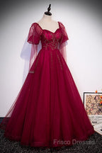 Wine Red Long Sleeves Tulle Formal Gown Formal Prom Dress, Dark Red Beaded Party Dress