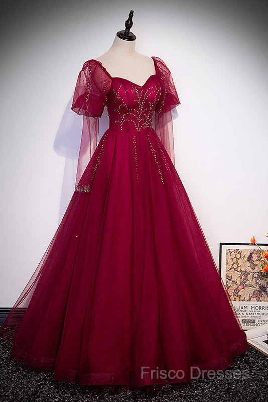 Wine Red Long Sleeves Tulle Formal Gown Formal Prom Dress, Dark Red Beaded Party Dress