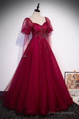 Wine Red Long Sleeves Tulle Evening Gown Prom Dress, Dark Red Beaded Party Dresses