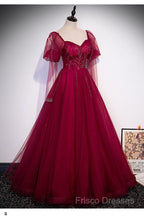 Wine Red Long Sleeves Tulle Formal Gown Formal Prom Dress, Dark Red Beaded Party Dress