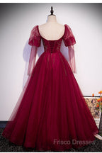 Wine Red Long Sleeves Tulle Formal Gown Formal Prom Dress, Dark Red Beaded Party Dress