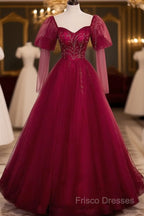 Wine Red Long Sleeves Tulle Formal Gown Formal Prom Dress, Dark Red Beaded Party Dress