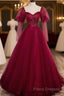 Wine Red Long Sleeves Tulle Formal Gown Formal Prom Dress, Dark Red Beaded Party Dress