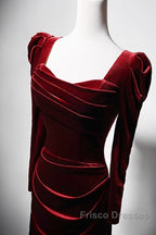 Wine Red Long Sleeves Velvet Long Party Dress, Wine Red A-Line Formal Prom Dress Wedding Party Dress