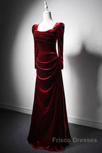 Wine Red Long Sleeves Velvet Long Party Dress, Wine Red A-Line Formal Prom Dress Wedding Party Dress