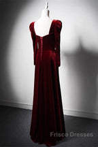 Wine Red Long Sleeves Velvet Long Party Dress, Wine Red A-Line Formal Prom Dress Wedding Party Dress