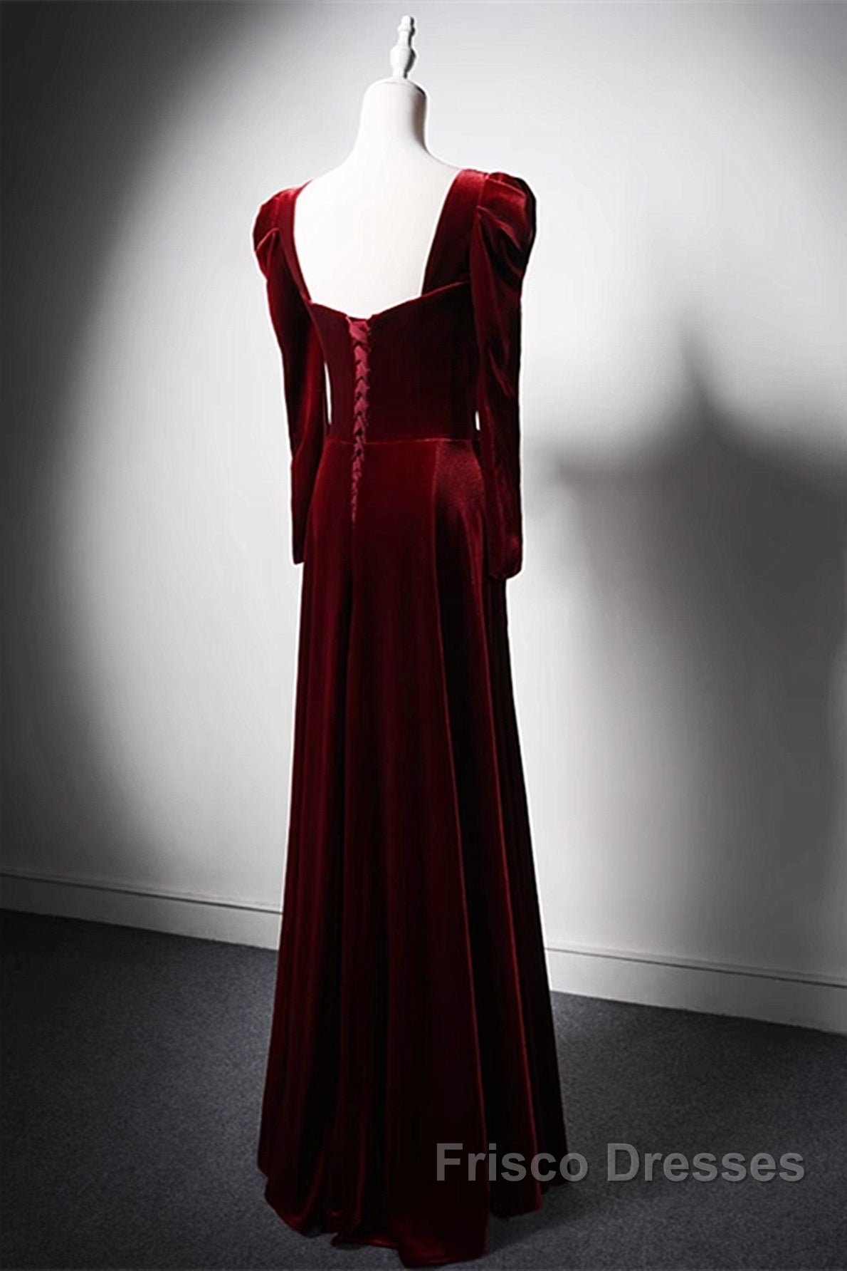 Wine Red Long Sleeves Velvet Long Party Dress, Wine Red A-Line Formal Prom Dress Wedding Party Dress