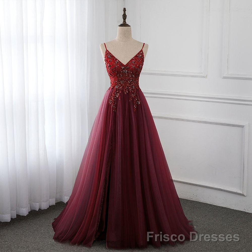 Wine Red Long Tulle V-neckline Beaded Junior Prom Dress, Dark Red Party Dress Main image