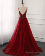 Wine Red Long Tulle V-neckline Beaded Junior Prom Dress, Dark Red Party Dress