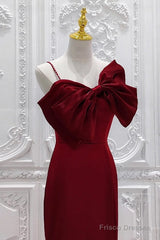 Wine Red Mermaid Evening Gown With Leg Slit, Straps Long Prom Dresses