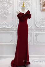 Wine Red Mermaid Evening Gown With Leg Slit, Straps Long Formal Prom Dress