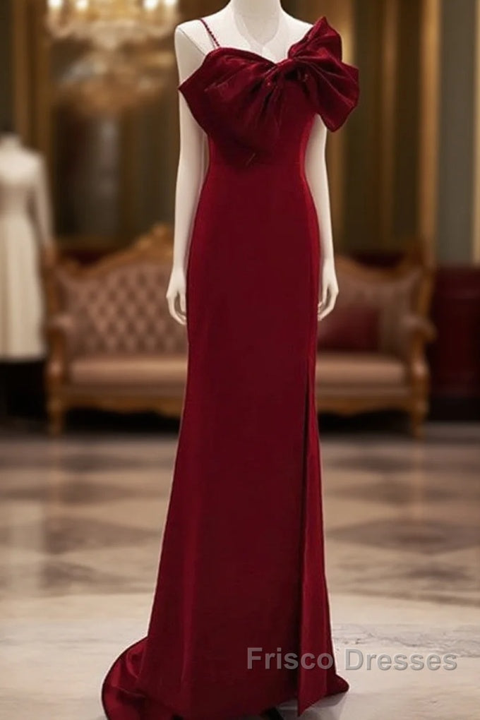Wine Red Mermaid Evening Gown With Leg Slit, Straps Long Formal Prom Dress