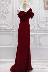 Wine Red Mermaid Evening Gown With Leg Slit, Straps Long Prom Dresses