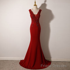 Wine Red Mermaid Floor Length Low Back Evening Dress, Burgundy Prom Dress Party Dress