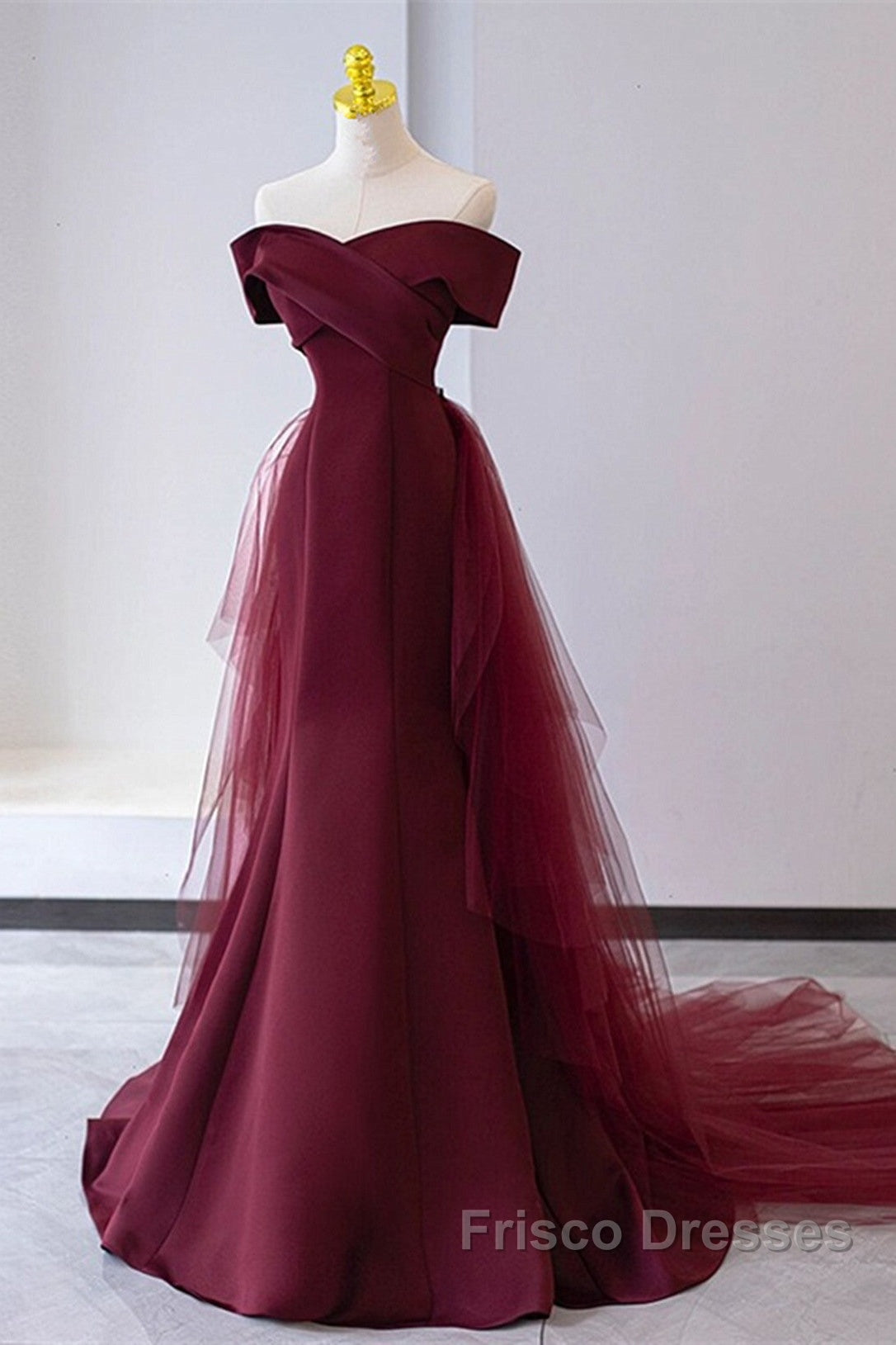 Wine Red Mermaid Lace-Up Satin Long Formal Dress, Wine Red Off Shoulder Evening Dress Secondary image