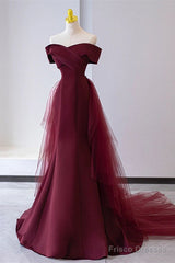 Wine Red Mermaid Lace-Up Satin Long Formal Dress, Wine Red Off Shoulder Evening Dress