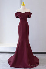 Wine Red Mermaid Lace-Up Satin Long Formal Dress, Wine Red Off Shoulder Evening Dress