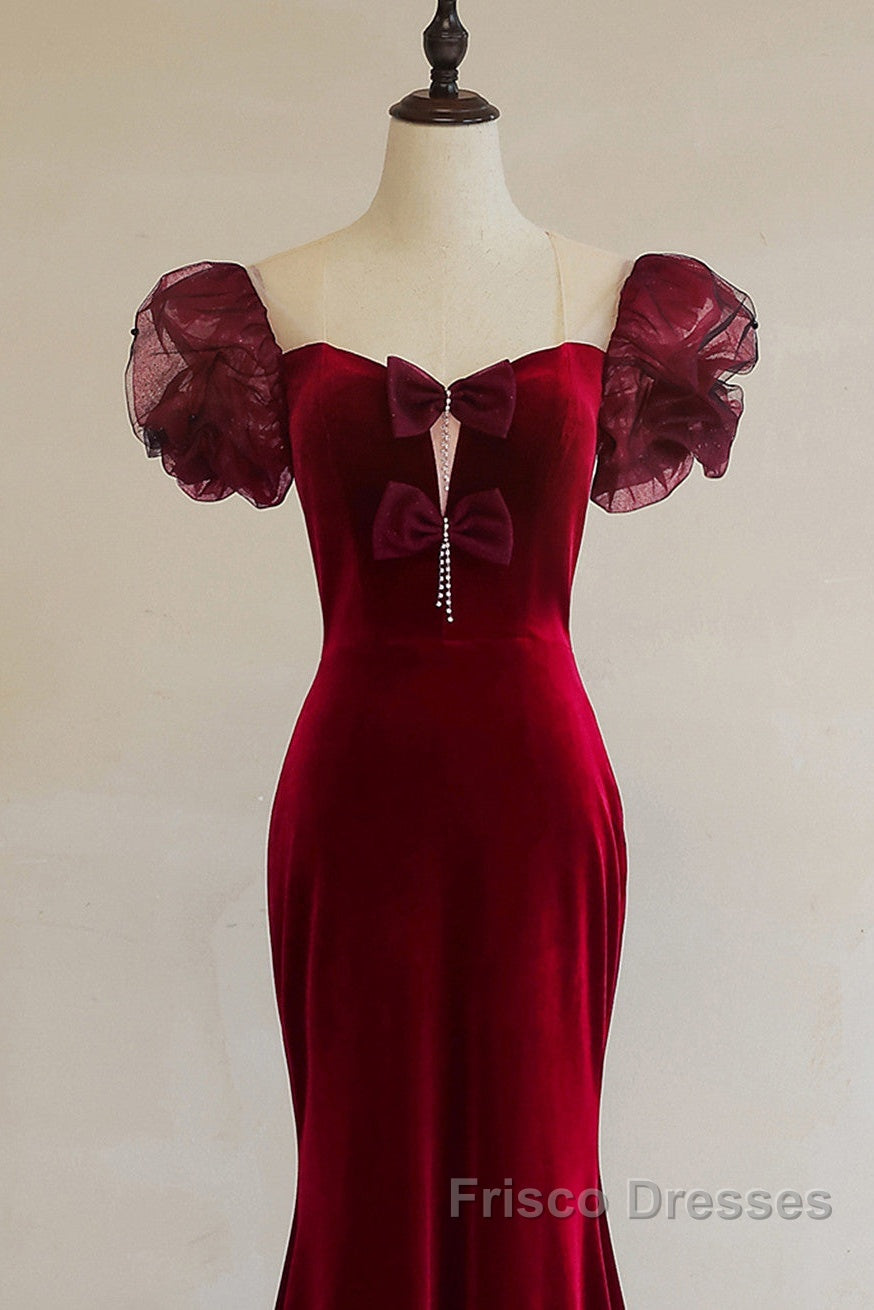 Wine Red Mermaid Long Party Dress With Bow, Wine Red Evening Dress Formal Prom Dress