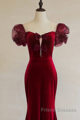 Wine Red Mermaid Long Party Dress With Bow, Wine Red Evening Dress Formal Prom Dress