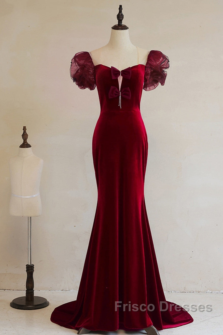 Wine Red Mermaid Long Party Dress With Bow, Wine Red Evening Dress Formal Prom Dress