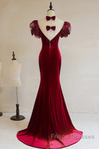 Wine Red Mermaid Long Party Dress With Bow, Wine Red Evening Dress Formal Prom Dress