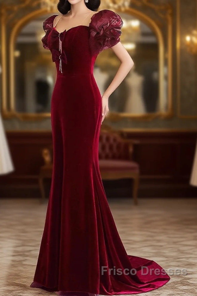 Wine Red Mermaid Long Party Dress With Bow, Wine Red Evening Dress Formal Prom Dress Main image
